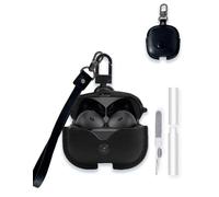 Case Cover for Sennheiser ACCENTUM Open True Wireless Earphones,WUNIAK Business Style Soft PU Leather Protective Case with Keychain and Cleaning Kit for Men and Women Shockproof Skin,Black
