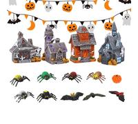 Case Di Halloween - Villaggio Di Case Stregate | Statuetta In Resina Del Villaggio Delle Case Di Halloween | Pipistrelli Fantasmi Zucche | Centrotavola Da Tavolo 14 Pezzi Di Scena Con Statue