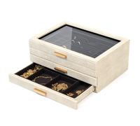 CASE ELEGANCE Large 3 Tier Jewelry Box, Storage Case Organizer for Women Girls Wife, Glass Lid for Earrings Bracelets Rings Necklaces, Shagreen Vegan Leather, Velvet Lined Jewelry Box, Brass Hardware