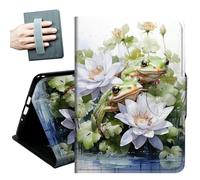 Case for 10.2" Kindle Scribe (2024/2022 Released) with Hand Straps and Auto Wake/Sleep Leather Multiple Angles Stand Smart Cover for 10.2" Amazon Kindle Scribe 2024/2022,Frog in a Lake Flowers