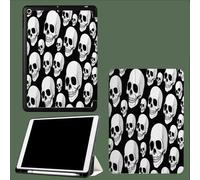 Case for 11 inch iPad Pro 4th/3rd/2nd Gen 2022/2021/2020,with Pencil Holder,Trifold Stand Protective Case,Soft Slim TPU Back Cover,Auto Wake/Sleep White Skull Cartoon Art-Black