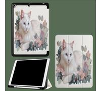 Case for 11 inch iPad Pro 4th/3rd/2nd Generation, with Pencil Holder, Trifold Stand Protective Case, Soft TPU Back Cover, Auto Wake/Sleep Elegance Cat Watercolor Animals Flowers-White