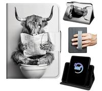 Case for 6.8" Kindle Paperwhite 11th Generation 2021/Paperwhite Signature Edition 360 Rotating Degree Stand Auto Wake/Sleep Protective Cover with Hand Strap & Magnetic Clasp - Cow Reads The Newspaper