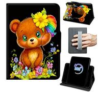 Case for 6.8" Kindle Paperwhite 11th Generation 2021/Paperwhite Signature Edition 360 Rotating Degree Stand Auto Wake/Sleep Protective Cover with Hand Strap & Magnetic Clasp - Cute Bear with Flowers