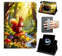 Case for 6.8" Kindle Paperwhite 11th Generation 2021/Signature Edition 360 Rotating Degree Stand Auto Wake/Sleep Protective Cover with Hand Strap & Magnetic Clasp - Red Squirrel Mushroom in Forest
