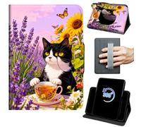 Case for 6.8" Kindle Paperwhite 11th Generation 2021/Signature Edition 360 Rotating Degree Stand Auto Wake/Sleep Protective Cover with Hand Strap & Magnetic Clasp - Black and White Cat with Lavender