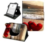 Case for 6" All New Kindle 10th Generation 2019 Release, 360 Degree Rotating Stand Cover with Hand Strap, Auto Sleep/Wake,Two Red Hearts On The Beach