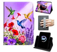 Case for 6" Kindle 10th Generation 2019 Release 360 Rotating Degree Stand Auto Wake/Sleep Protective Cover with Hand Strap & Magnetic Clasp - Watercolor Hummingbirds and Flowers