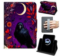 Case for 6" Kindle 11th Generation 2024/2022 Release 360 Rotating Degree Stand Auto Wake/Sleep Protective Cover with Hand Strap & Magnetic Clasp - Crow Moon Leaves