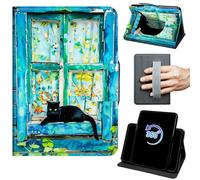 Case for 6" Kindle 11th Generation 2024/2022 Release 360 Rotating Degree Stand Auto Wake/Sleep Protective Cover with Hand Strap & Magnetic Clasp - Black Cat in The Window