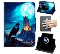 Case for 6" Kindle 11th Generation 2024/2022 Release 360 Rotating Degree Stand Auto Wake/Sleep Protective Cover with Hand Strap & Magnetic Clasp - Crow Moon Castle