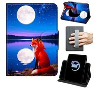Case for 6" Kindle 11th Generation 2024/2022 Release 360 Rotating Degree Stand Auto Wake/Sleep Protective Cover with Hand Strap & Magnetic Clasp - Red Fox Moon Blue Galaxy
