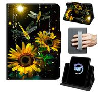 Case for 6" Kindle 11th Generation 2024/2022 Release 360 Rotating Degree Stand Auto Wake/Sleep Protective Cover with Hand Strap & Magnetic Clasp - Dragonfly Sunflower