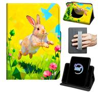 Case for 7" Kindle Paperwhite 12th Generation 2024/Colorsoft Signature Edition 2024/2025 360 Rotating Degree Stand Auto Wake/Sleep Cover with Hand Strap & Magnetic Clasp - Watercolor Rabbit Flowers