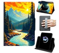 Case for 7" Kindle Paperwhite 12th Generation 2024/Colorsoft Signature Edition 2024/2025 360 Rotating Degree Stand Auto Wake/Sleep Cover with Hand Strap & Magnetic Clasp - Sun Mountain Forest Rivers