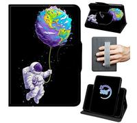 Case for 7" Kindle Paperwhite 12th Generation 2024/Colorsoft Signature Edition 2024/2025 360 Rotating Degree Stand Auto Wake/Sleep Cover with Hand Strap & Magnetic Clasp - Astronauts and Planet