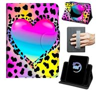 Case for 7" Kindle Paperwhite 12th Generation 2024/Colorsoft Signature Edition 2024/2025 360 Rotating Degree Stand Auto Wake/Sleep Cover with Hand Strap & Magnetic Clasp - Colorful Leopard Print Heart