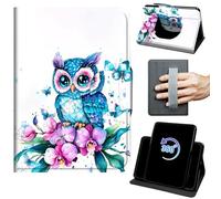 Case for 7" Kindle Paperwhite 12th Generation 2024/Colorsoft Signature Edition 2024/2025 360 Rotating Degree Stand Auto Wake/Sleep Cover with Hand Strap & Magnetic Clasp - Blue Owl Butterflies Flowers