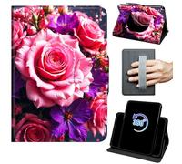 Case for 7" Kindle Paperwhite 12th Generation 2024/Colorsoft Signature Edition 2024/2025 360 Rotating Degree Stand Auto Wake/Sleep Protective Cover with Hand Strap & Magnetic Clasp - Pink Rose Flower