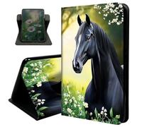 Case for 7" Kindle Paperwhite 12th Generation 2024 & Kindle Colorsoft 2024/2025, with Auto Sleep/Wake 360 Degree Rotating Swivel Adjustable Stand Cover,Black Horse and Flower