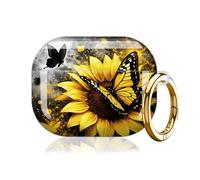 Case for AirPod Pro 3 Case 2025, Slim Shockproof Protective Cover with Keychain Ring, Wireless Charging Compatible, Stylish Durable Design for Women(Sunflower Butterfly)