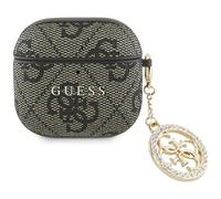 Case For AirPods 4 Guess Faux Leather Brown Logo Metal Chain Gold