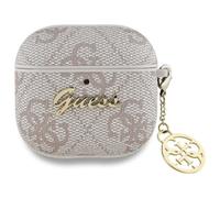 Case For AirPods 4 Guess Faux Leather Pink Logo Metal Chain Gold