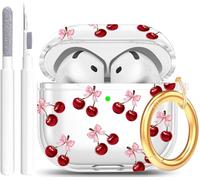 Case for AirPods 4 - Wonjury Clear Case Cover Floral Print Skin Women Girls Keychain Cleaner Tool for Apple Airpods 4th 2024 - WineRed Cherry