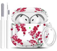 Case for AirPods 4 - Wonjury Clear Case Cover Floral Print Skin Women Girls Keychain Cleaner Tool for Apple Airpods 4th 2024 - Flower Red
