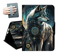 Case for All Amazon Kindle Fire 7 Tablet case 2019/2017 Release 9th/7th Generation,with Hand Straps and Auto Wake/Sleep PU Leather Slim Multiple Angles Stand Smart Cover,Dream Catcher Wolf