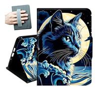 Case for All-New 7" Kindle Paperwhite 12th Generation 2024 & Kindle Colorsoft 2024/2025,with Hand Straps and Auto Wake/Sleep Leather Slim Multiple Angles Stand Smart Cover,Black Cats and Moon