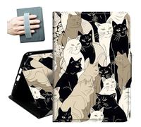 Case for All-New 7" Kindle Paperwhite 12th Generation 2024 & Kindle Colorsoft 2024/2025,with Hand Straps and Auto Wake/Sleep Leather Slim Multiple Angles Stand Smart Cover,Black and White Cats