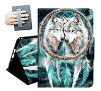 Case for All-New 7" Kindle Paperwhite 12th Generation 2024 & Kindle Colorsoft 2024/2025,with Hand Straps and Auto Wake/Sleep Leather Slim Multiple Angles Stand Smart Cover,Green Dream Catcher Wolf