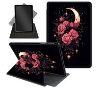 Case for All-New 7'' Kindle Paperwhite 12th Generation 2024&Kindle Colorsoft Signature Edition - Cute 360 Degree Rotating Stand,Folio Case with Auto Wake/Sleep for Kids,Pink Roses and a Crescent Moon