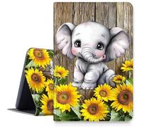 Case for Amazon Fire HD 10 Tablet (7th/9th Generation,2017/2019 Release) 10.1" PU Leather Smart Protective Cover with Auto Sleep/Wake for Fire HD 10 2019,Wooden Sunflowers Elephant