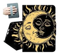 Case for Amazon Fire HD 10 Tablet (7th and 9th Generation, 2017 and 2019 Release) with Hand Straps and Auto Wake/Sleep PU Leather Slim Multiple Angles Stand Smart Cover,Crescent Moon and Sun