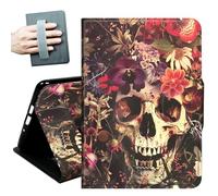 Case for Amazon Fire HD 10 Tablet (7th and 9th Generation, 2017 and 2019 Release) with Hand Straps and Auto Wake/Sleep PU Leather Slim Multiple Angles Stand Smart Cover,Skull in the Flowers