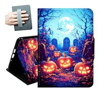 Case for Amazon Fire HD 10 Tablet (7th and 9th Generation, 2017 and 2019 Release) with Hand Straps and Auto Wake/Sleep PU Leather Slim Multiple Angles Stand Smart Cover,Pumpkins and Bats Moon