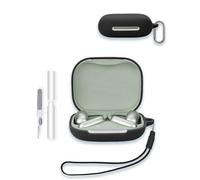 Case for Anker soundcore AeroFit 2 AI Assistant Earbuds, WUNIAK Soft Silicone Protective Portable Scratch Shock Resistant Shell with Cleaner Kit & Carabiner & Lanyard,Black