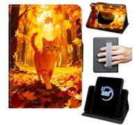 Case for Fire 7 Tablet (5th/7th/9th Generation 2015/2017/2019 Release) 360 Rotating Degree Stand Auto Wake/Sleep Protective Cover with Hand Strap & Magnetic Clasp - Forest Orange Cat with Green Eyes
