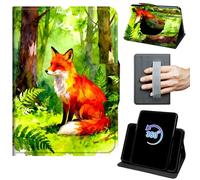Case for Fire 7 Tablet (5th/7th/9th Generation 2015/2017/2019 Release) 360 Rotating Degree Stand Auto Wake/Sleep Protective Cover with Hand Strap & Magnetic Clasp - Watercolor Red Fox in Green Forest