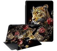 Case for Fire 7 Tablet Case 12th Generation 2022 Release 7 inch 360 Degree Rotating Stand Protective Smart Cover with Auto Wake Sleep - Leopard Red Rose Flowers