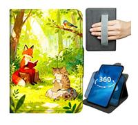 Case for Galaxy Tab A 10.1 2019 Model T510 T515 T517 360 Degree Rotating Stand Lightweight Cover with Auto Wake/Sleep,Magnetic Clasp & Hand Strap - Forest Fox and Cat