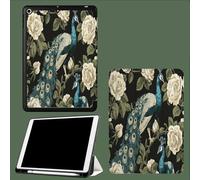 Case for iPad 10th Generation 10.9 inch 2022, Soft TPU Back Cover, Trifold Stand for 10th Gen with Pencil Holder, Auto Wake/Sleep Abstract Peacock White Peony-Black