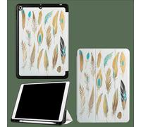 Case for iPad 10th Generation 10.9 inch 2022 with Pencil Holder, Auto Sleep/Wake Slim Lightweight Trifold Stand Smart Cover with Flexible TPU Back Bohemia Abstract Golden Feathers-White