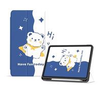 Case for iPad 10th Generation 10.9 Inch Smart Trifold Stand Case With Pencil Holder Smart Cover for iPad 10th Gen Cases 2022 A2696 A2757, Auto Wake Sleep - Blue and white teddy bear