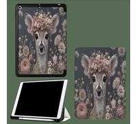 Case For iPad 10th Generation Case 2022,10.9 inch with Pencil Holder, Nature Flowers Deer Countryside Animals Protective Cover with Trifold Stand for iPad 10th, Auto Wake/Sleep-Grey