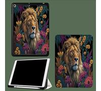 Case for iPad 10th Generation Case with Pen Holder 2022, Soft Silicone Protective Cover for 10.9 inch, Auto Sleep/Wake, Two Folding Angles Lion Portrait Flowers Realistic Animals-Green