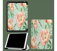 Case for iPad 10th Generation Case with Pen Holder 2022, Soft Silicone Protective Cover for 10.9 inch, Auto Sleep/Wake, Two Folding Angles Pink Peony Watercolor Floral 1-Green