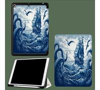 Case for iPad 10th Generation Case with Pen Holder 2022, Soft Silicone Protective Cover for 10.9 inch, Auto Sleep/Wake, Two Folding Angles Ancient Sailboat Abstract Tentacles Animals-Blue